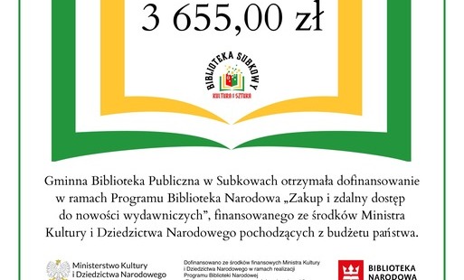 Gminna Biblioteka Publiczna w Subkowach otrzymała dofinansowanie na zakup nowości wydawniczych